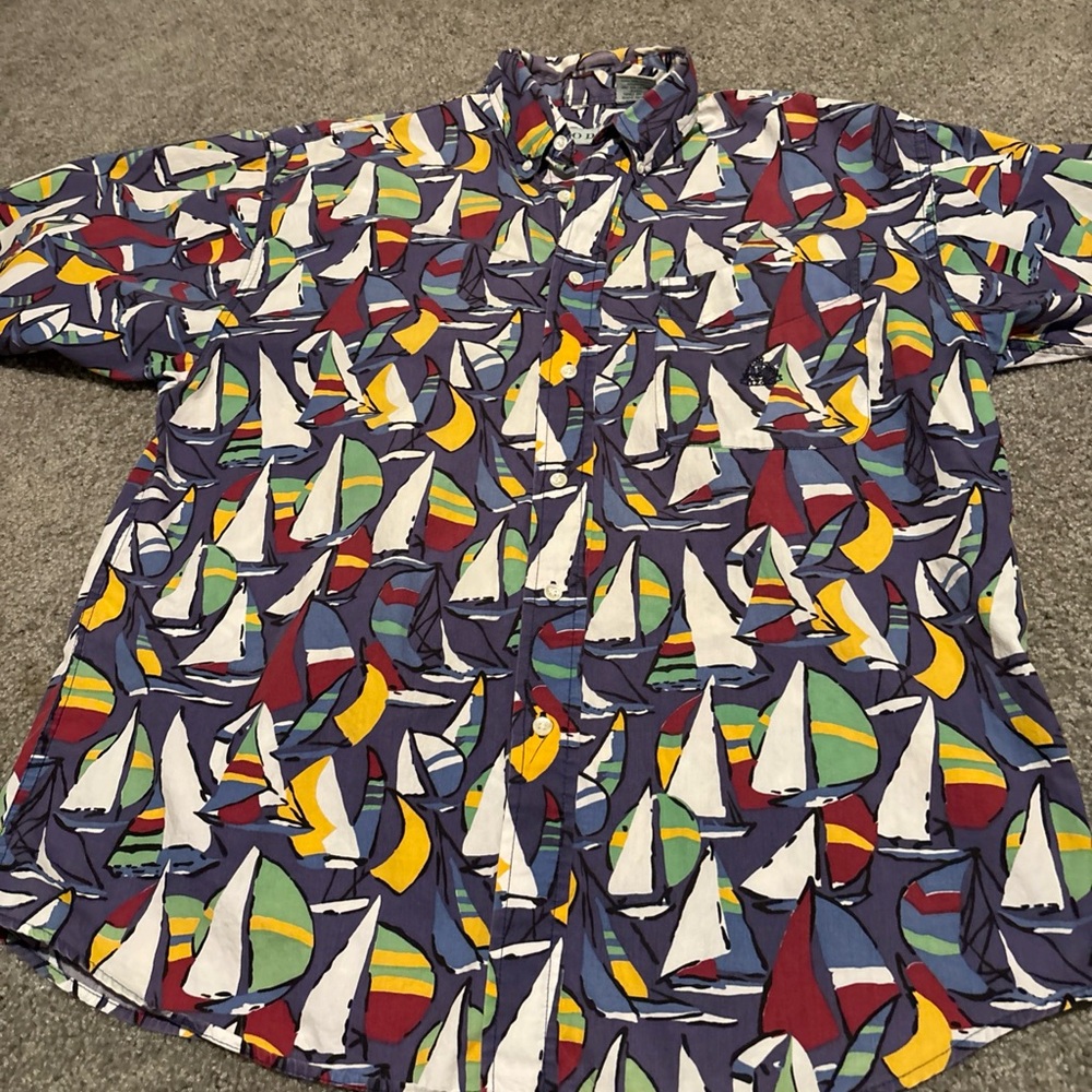 Izod Multicolor Sailboat Print Shirt Vintage Hawaiian 100% Cotton